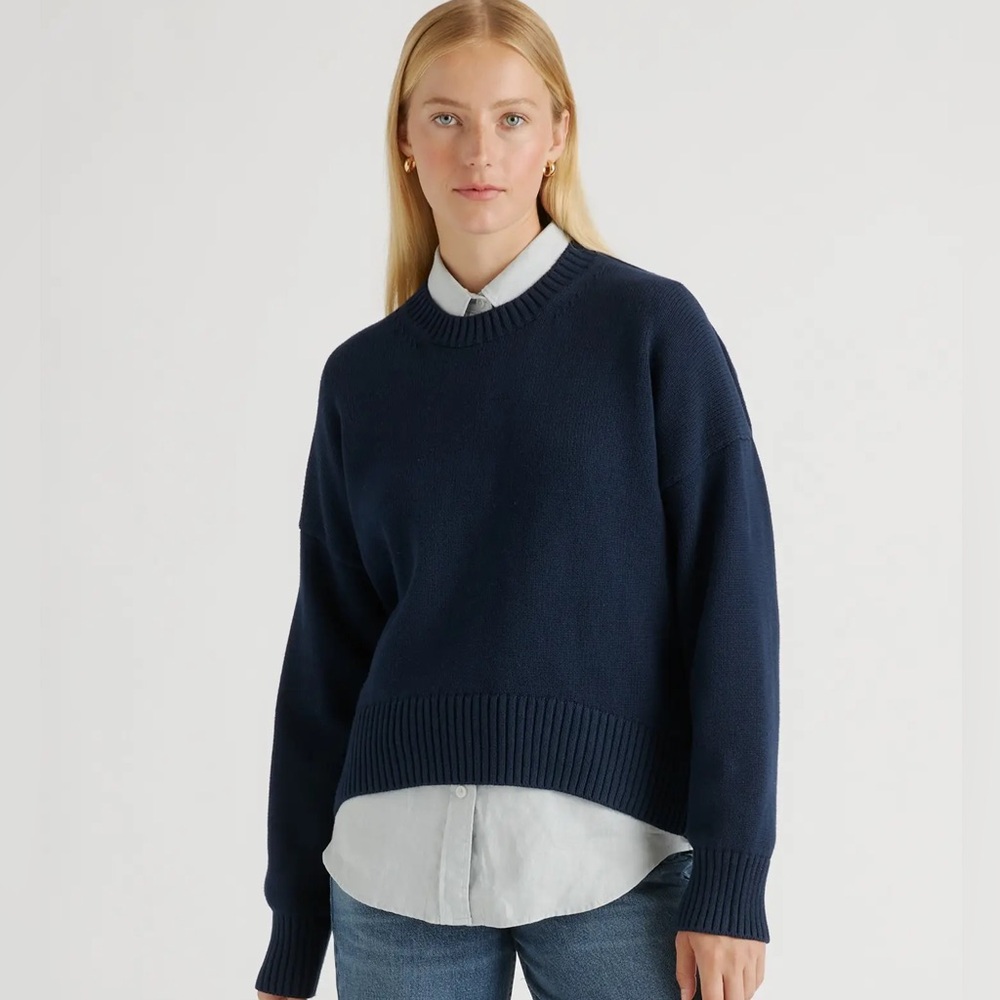 100% Organic Cotton Boyfriend Crew Sweater in Navy